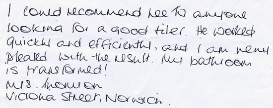 Customer Testimonials for SGL Ceramics Professional Tiling Work