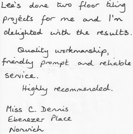 Customer Testimonials for SGL Ceramics Professional Tiling Work